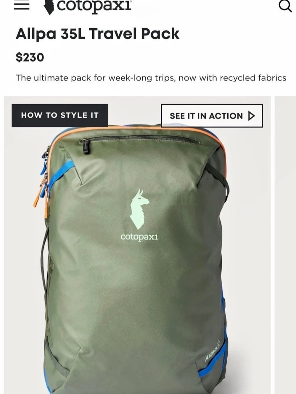 Cotopaxi Allpa 35L Travel Pack in Green & Blue NWT